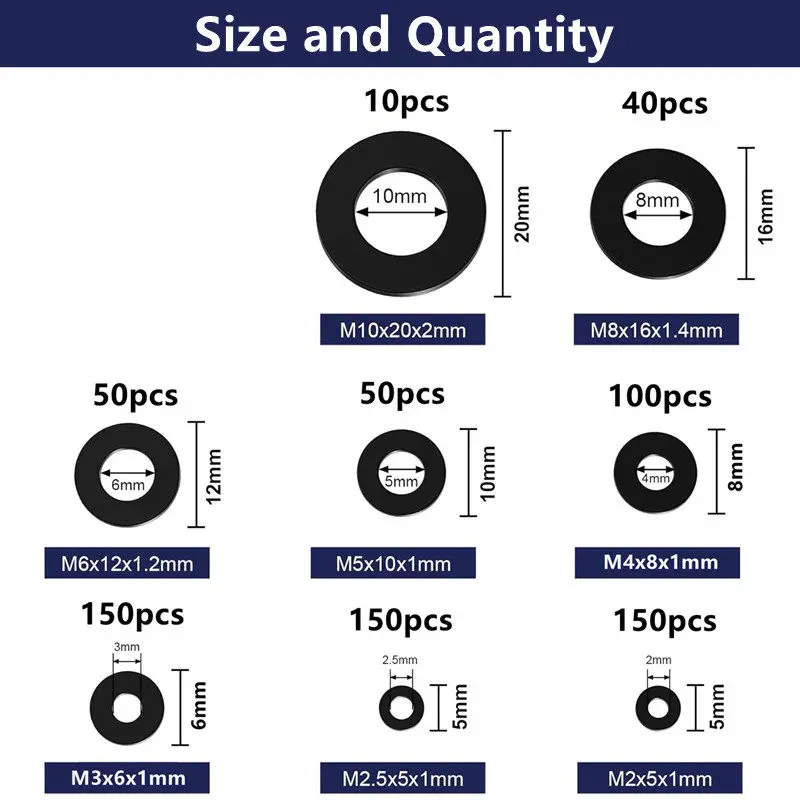 700pcs Nylon Washer Flat Assortment Kit Set 8-size Safety Plates M2 M2.5 M3 M4 M5 M6 M8 M10 Nylon Sealing Washers for Household