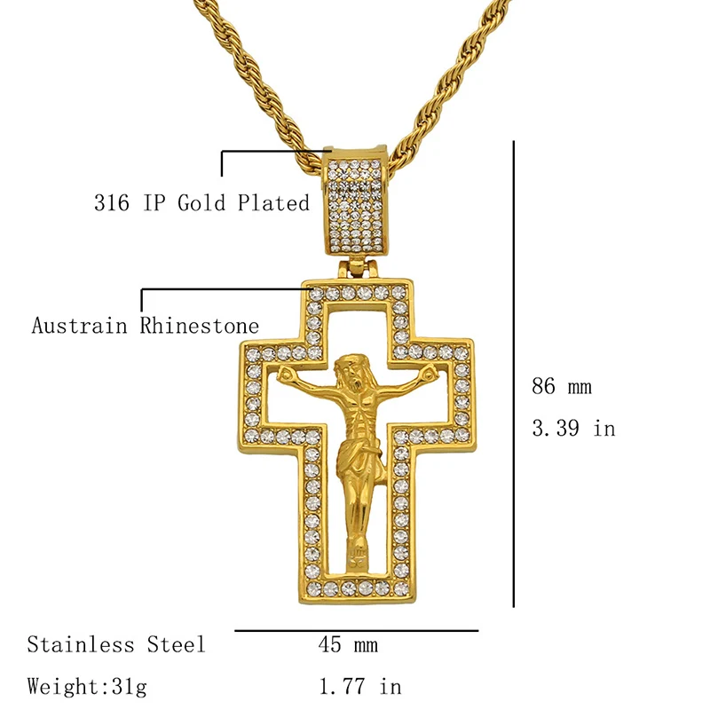 Hip Hop Bling Gold Color Stainless Steel INRI Crucifix Jesus Hollow Cross Pendants Necklace For Men Jewelry Drop Shipping