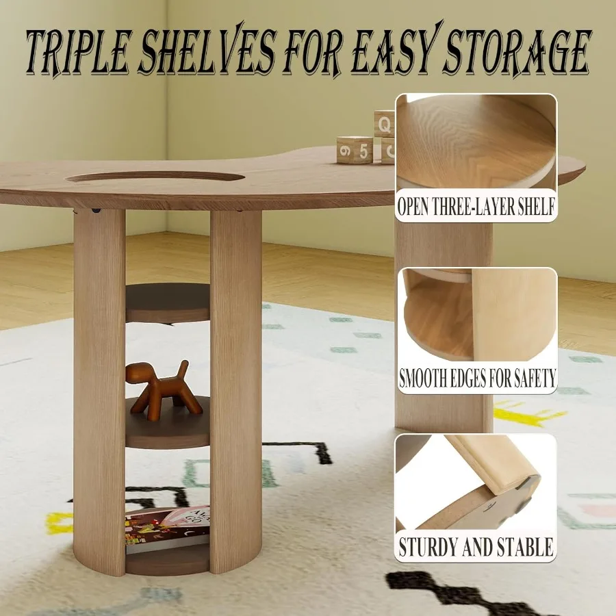 طاولة نصف قمر للأعمار من 3 إلى 8 سنوات، مكتب أنشطة خشبي مع مساحة تخزين للفصول الدراسية لمرحلة ما قبل المدرسة، طاولة لعب على شكل كلى للأطفال الصغار 29 وات