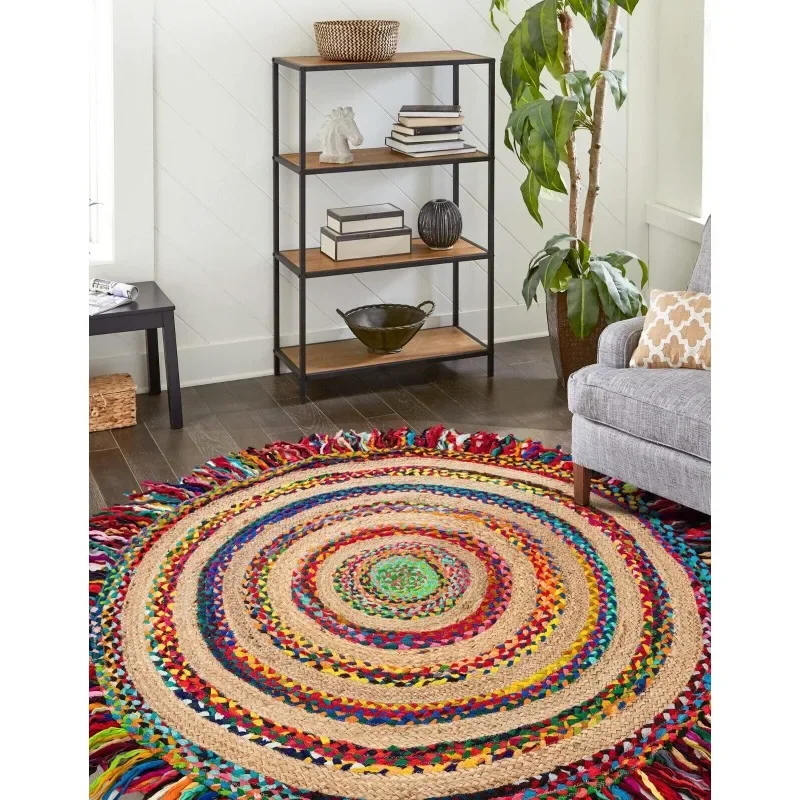 

Rug Jute & Cotton Round Carpet Reversible Handmade Area Rug Rustic Modern Rug