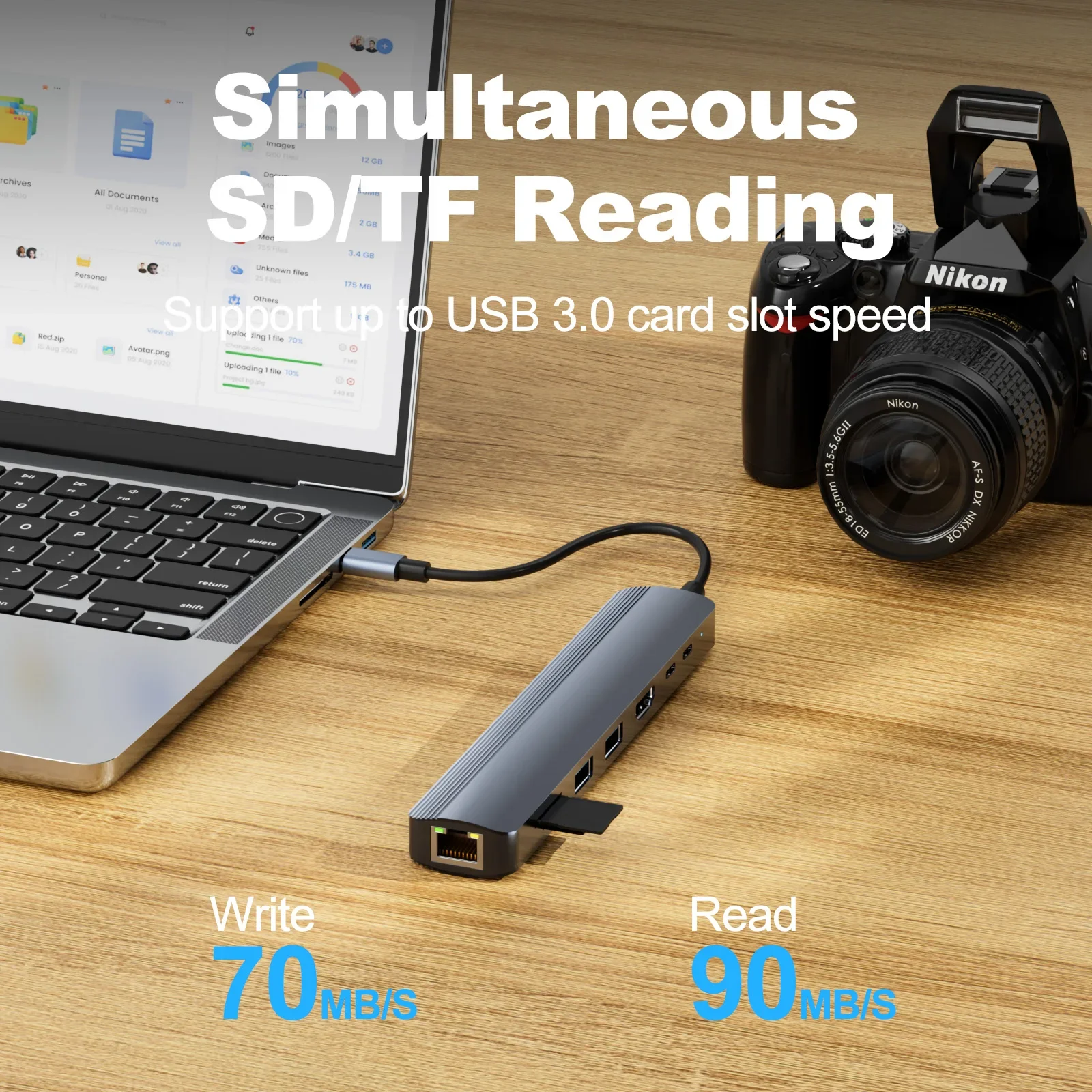 4K 60Hz HDTV 1Gbps 이더넷 100W 전원 공급 SD/TF 카드 슬롯이 포함된 8 in 1 USB C 허브 MacBook용 USB 3.0*3 5Gpbs 데이터 포트