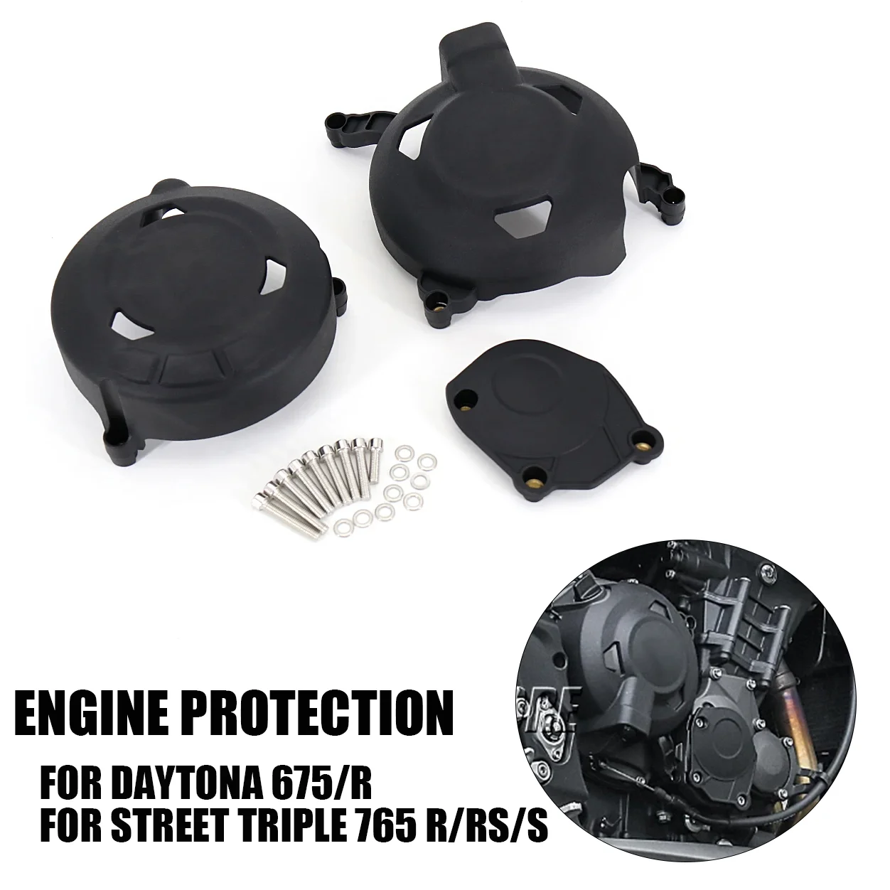 

Motorcycle Accessories 1 pair Black Engine Secondary Cover Protector Set Modificat For DAYTONA 675 R Street Triple 765 RS R S