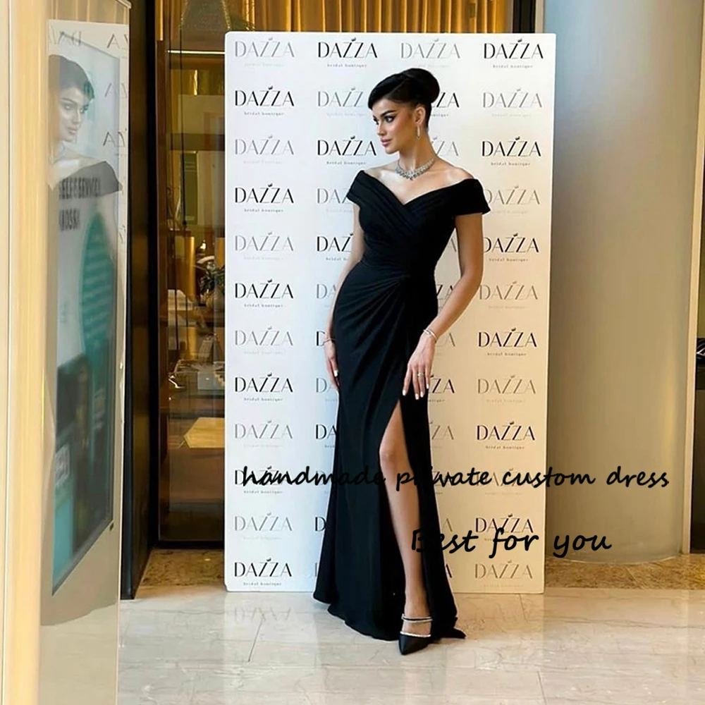 

Black Mermaid Evening Dresses Off Shoulder Pleats Satin Formal Prom Dress with Slit Long Arabian Dubai Occasion Party Gowns