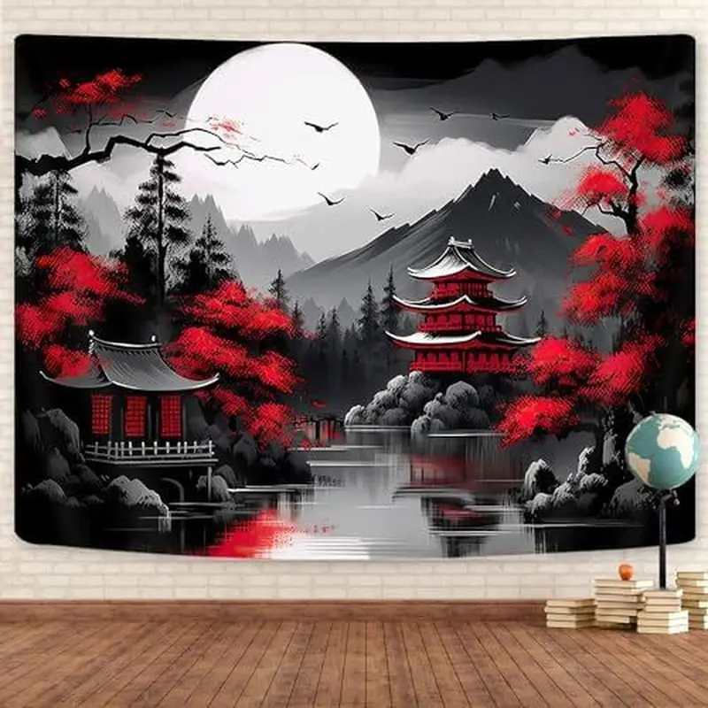 VIKAMA Japanese Pagoda Tapestry Wall Hanging Red Torii Gate Moon Cherry Blossom Sumi Ink Oriental Aesthetic Decor