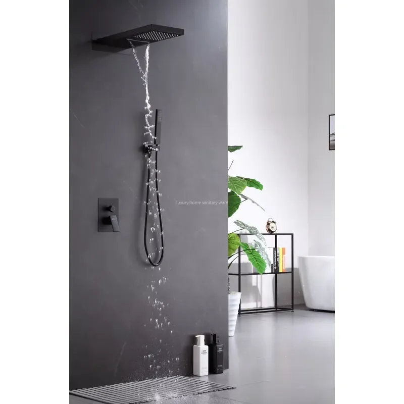 Modern Wall-mounted Constant Temperature Bathroom Shower Faucet Set System Ceiling Rain Shower Black Brass Shower Head