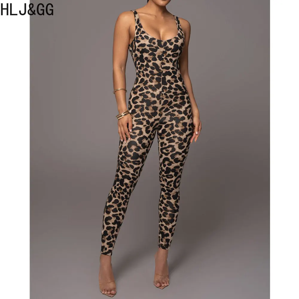 HLJ&GG Sexy Leopard Printing Bodycon Jumpsuits Women Thin Strap Round Neck Slim Playsuits Female Nightclub One Piece Overalls