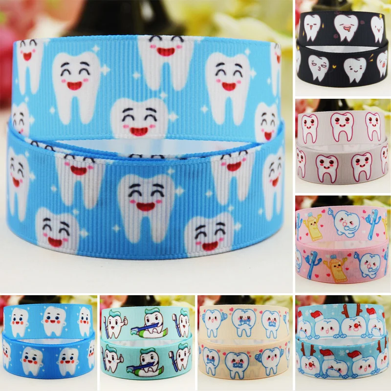 22mm 25mm 38mm 75mm tooth cartoon printed Grosgrain Ribbon party decoration 10 Yards satin ribbons