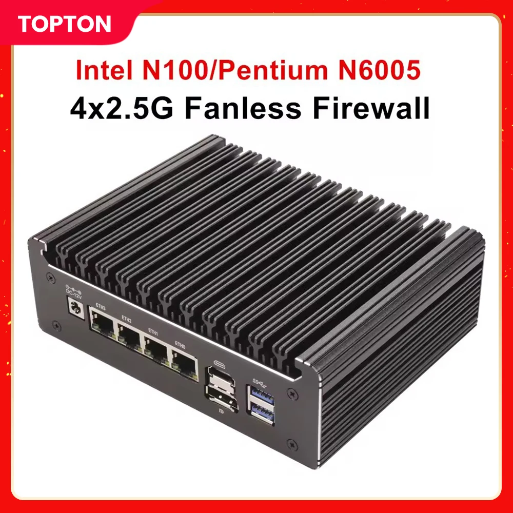 Topton Solid Fanless Firewall Mini PC Intel N100 Pentium N6005 4 LANs i226-V 2.5G DDR4 COM USB-C pfSense OPNsense ESXi Computer