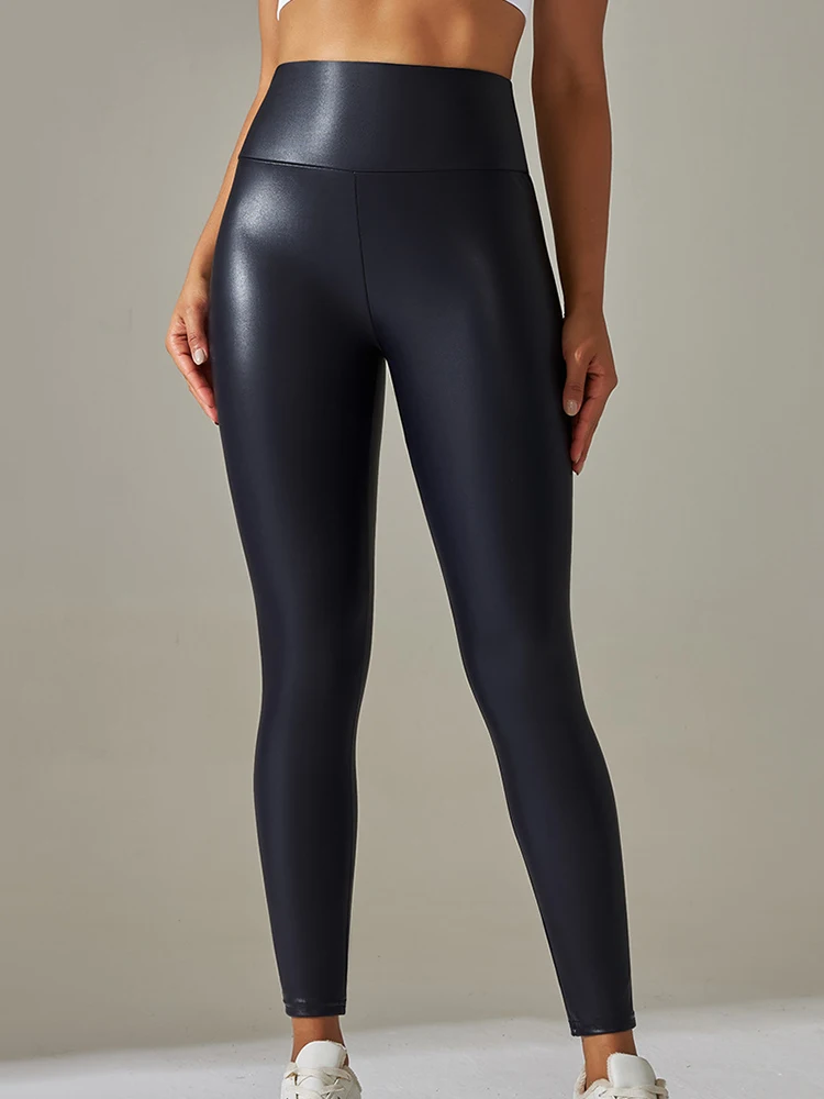 Leggings de couro sintético brilhantes para mulheres, calça lápis elástica, cintura alta, calça casual, boate sexy, elástico