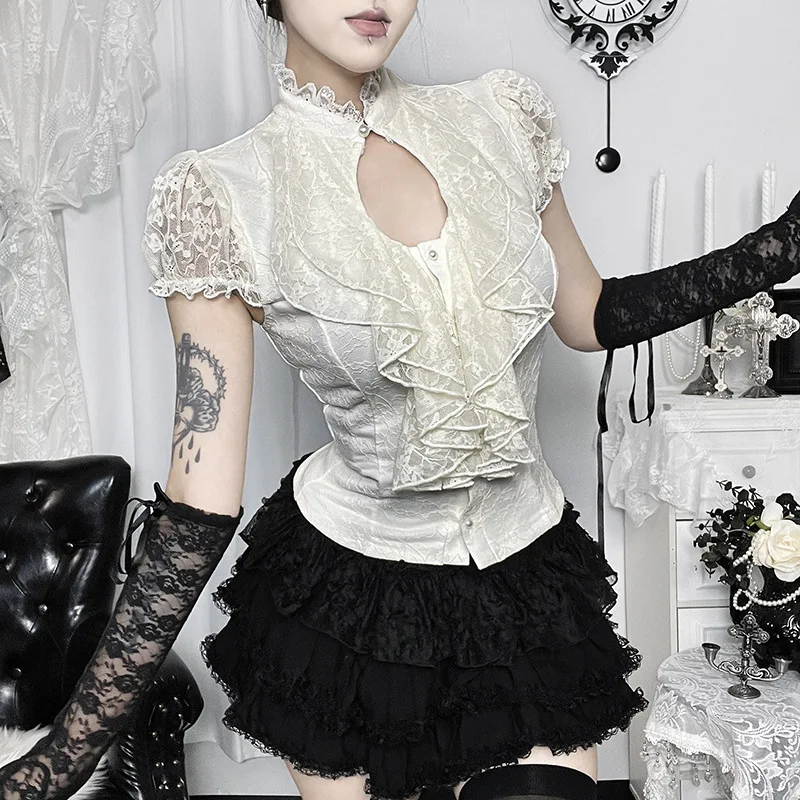 Kimotimo 2026 Summer New Spicy Girl Pure Desire Style Waist-Cinching Slim Stand Collar Lace Shirt Water Drop Hollow Out Top