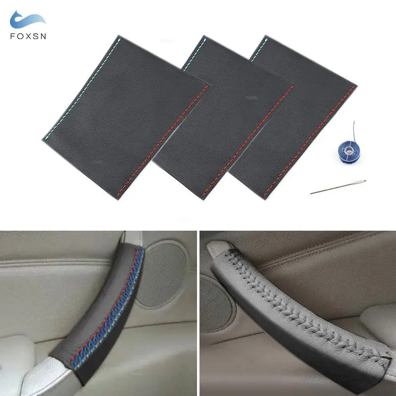 

3pcs Red Blue Line Car Interior Door Handle Pull Cover Hand Sewing Micro Leather Trim For BMW X5 E70 X6 E71 2007 2008 2009-2013