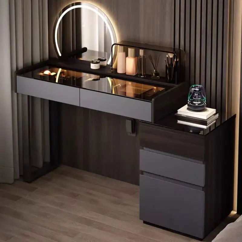 Nordic Sturdy Makeup Table Glass Top Minimalist Storage Bedroom Dressing Table Drawers Black Coiffeuse Chambre Furniture Home