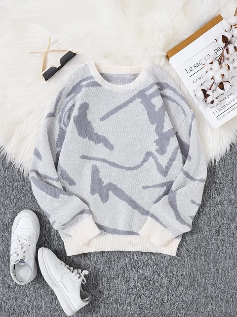 Nowy popularny sweter męski z dzianiny w kontrastowym kolorze na wiosnę i jesień z żakardowym wzorem w stylu graffiti
