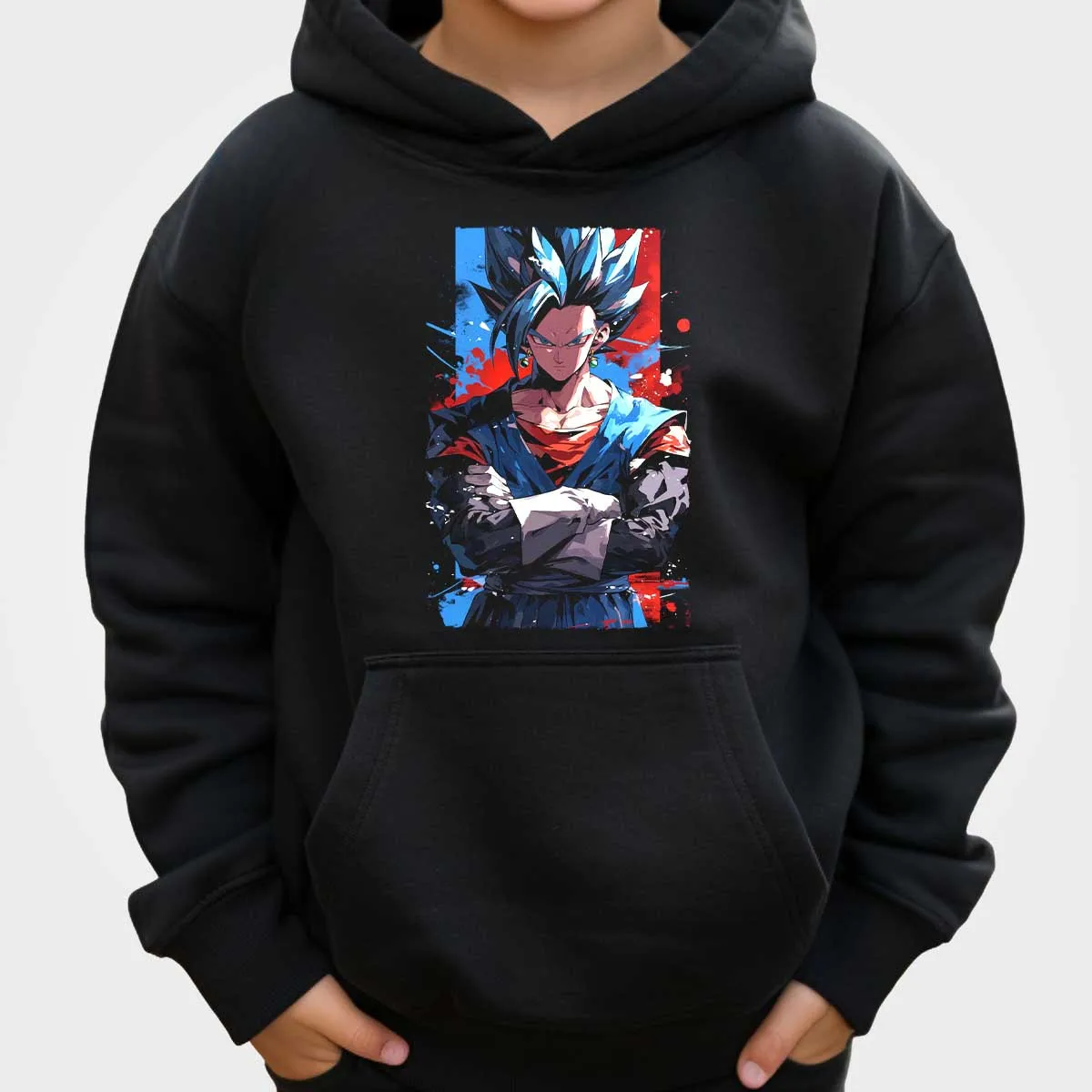 سترة بغطاء للرأس للأطفال من Dragon Ball Vegito مع أذرع متقاطعة، شعر أزرق وأبيض، طباعة شخصية الرسوم المتحركة، تصميم جرافيك رائع للأولاد والبنات