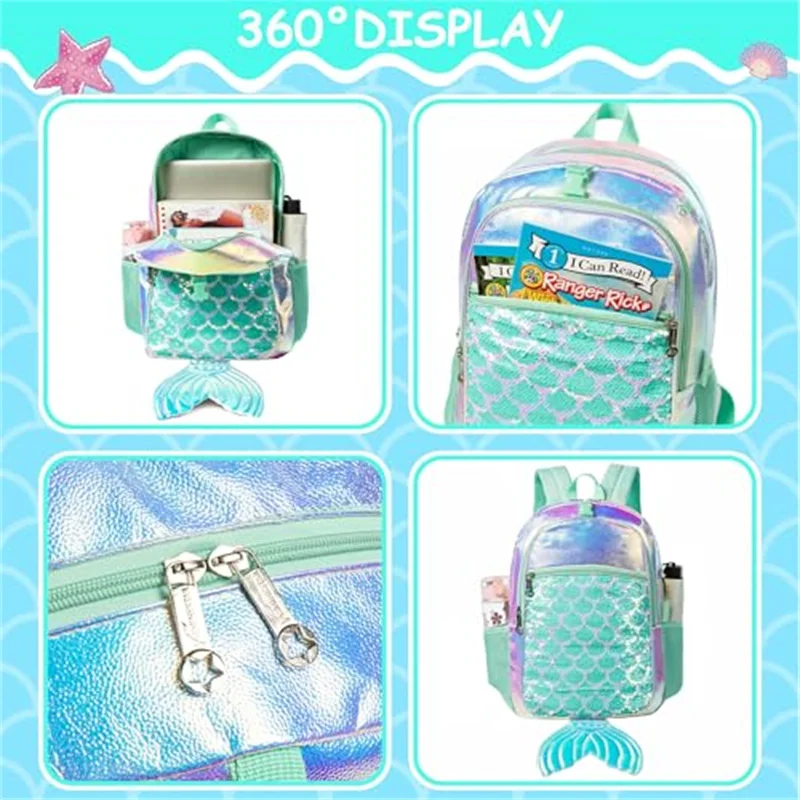 

3PCS Backpacks for Girls Cute Mermaid Tail Schoolbag for School Sequin Backpack with Lunch Box for Elementary Students