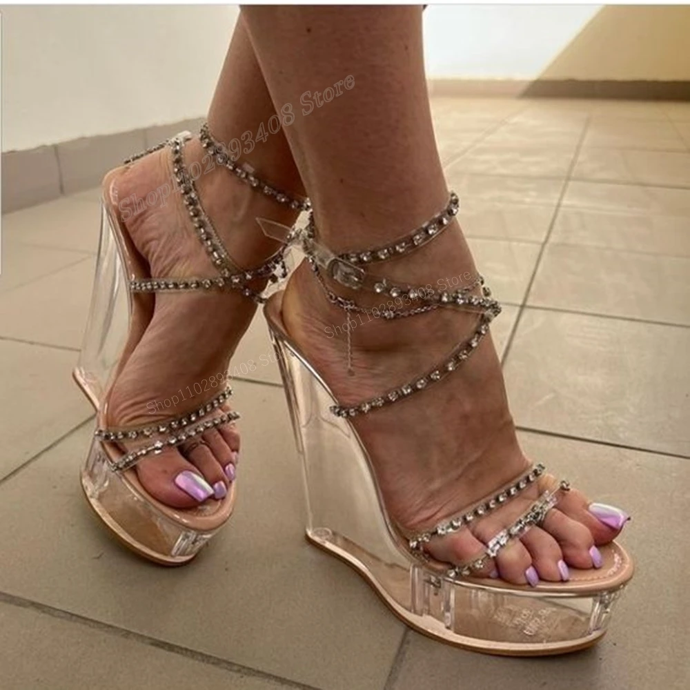 Clear Platform PVC Wedges High Heel Sandals Crystal Hollow Ankle Buckle Strap Fashion Women Shoes 2024 Sexy Zapatos Para Mujere