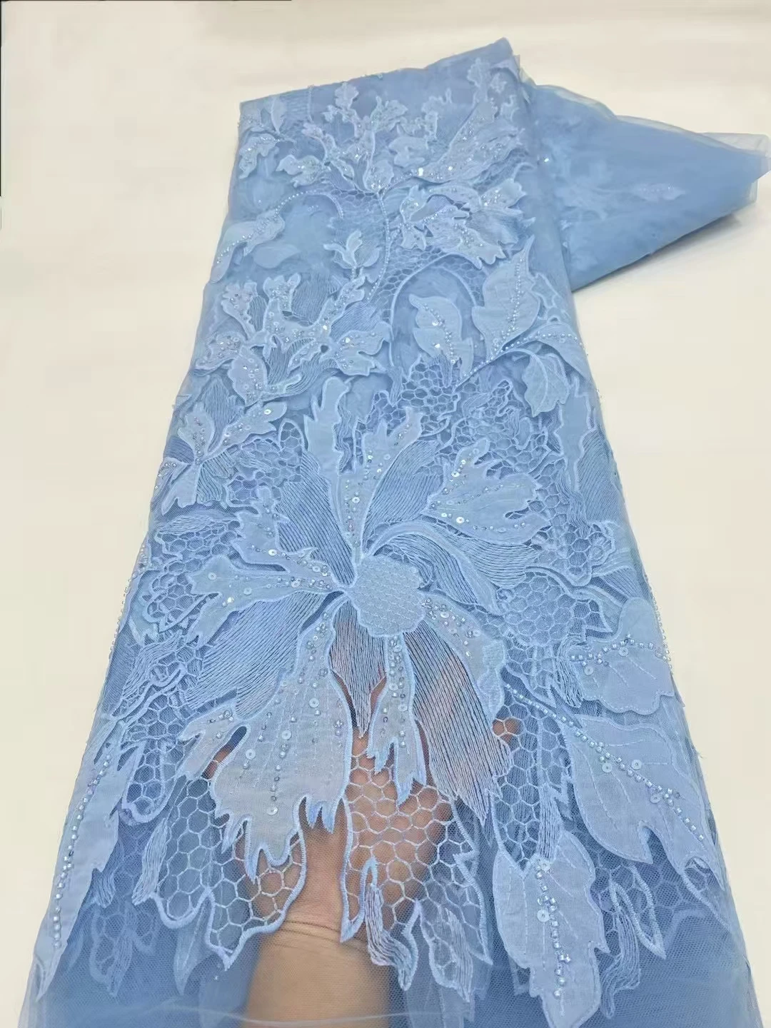 

Latest Sky Blue French Beads Sequins Lace Fabric 2025 High Quality Beaded African Nigerian Lace Fabric For Party Dress KXX25133