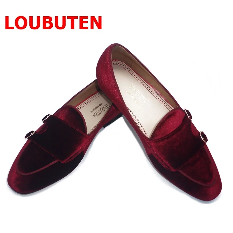 LOUBUTEN New Fashion Wine-red Velvet Shoes Luxury Monk Strap Loafers Shoes For Men Dress Shoes Party And Prom Shoes