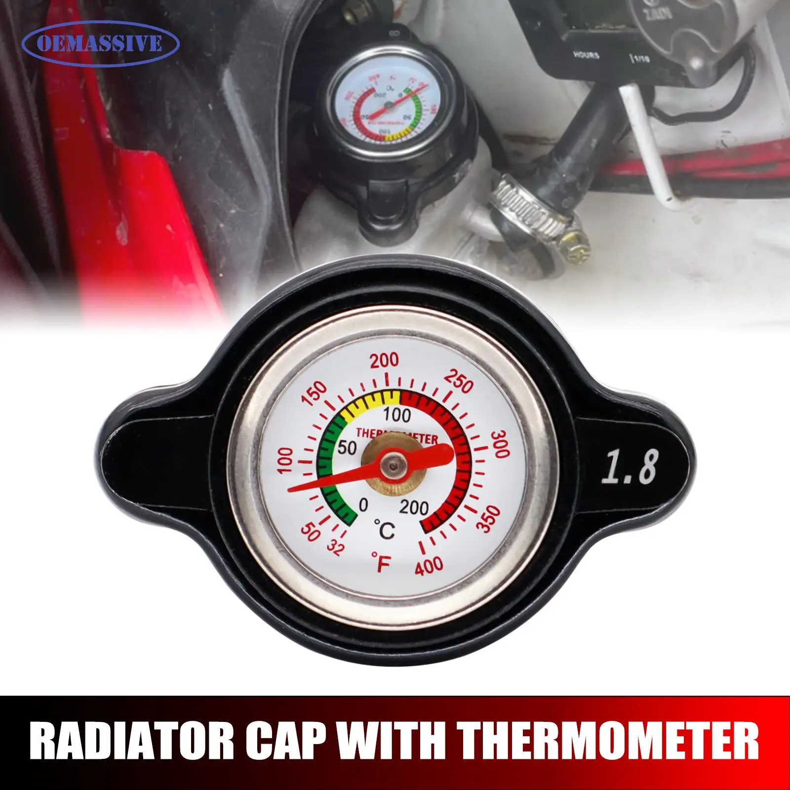 OEMASSIVE Temperature Gauge Radiator Cap For Honda Kawasaki Yamaha Suzuki Mitsubishi Polaris Ranger Car 1.8 Bar 25.6Psi Replace