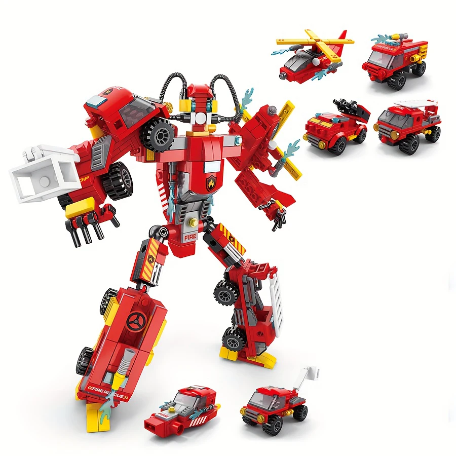 Red robot building blocks 6-in-1, red car, helicopter and ambulance building blocks. Gifts for children.