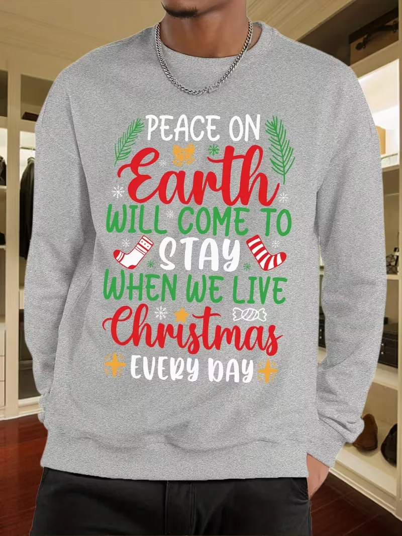 

Men's Round Neck Sweatshirt, Funny Graphic Print, Black Street Round Neck Hoodie for Everyday Casual Wear, Christmas Long Sleeve