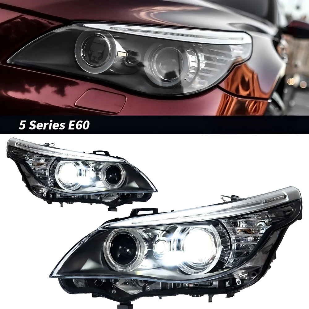 ee-For BMW E60 5 Series 520i 523i 525i 530i 2003-2010 Headlight Assembly Angel Eye Bi-Xenon Projector Lens LED DRL Upgrade