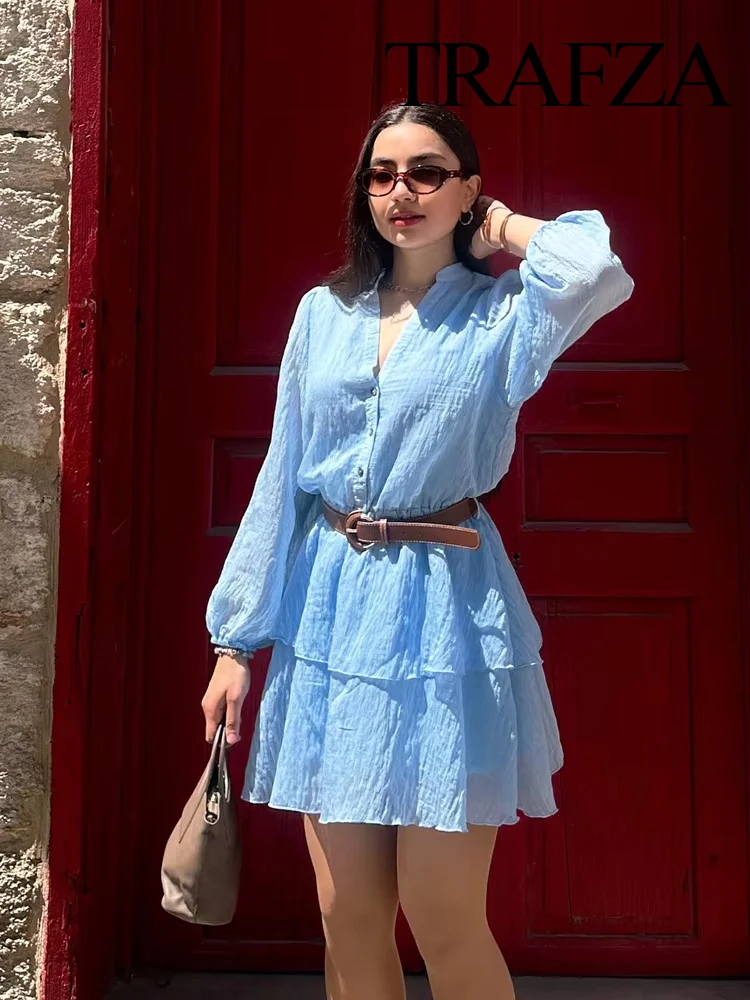 

TRAFZA Women's V-neck Laminated Decoration Solid Single Breasted Long Sleeve Mini Dress Summer Female Chic With Belt Dress