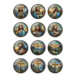 12pcs/lot Colored Jesus Cross Art Patterns 8mm-35mm Round Photo Glass Cabochon Demo Flat Back Making Findings T220