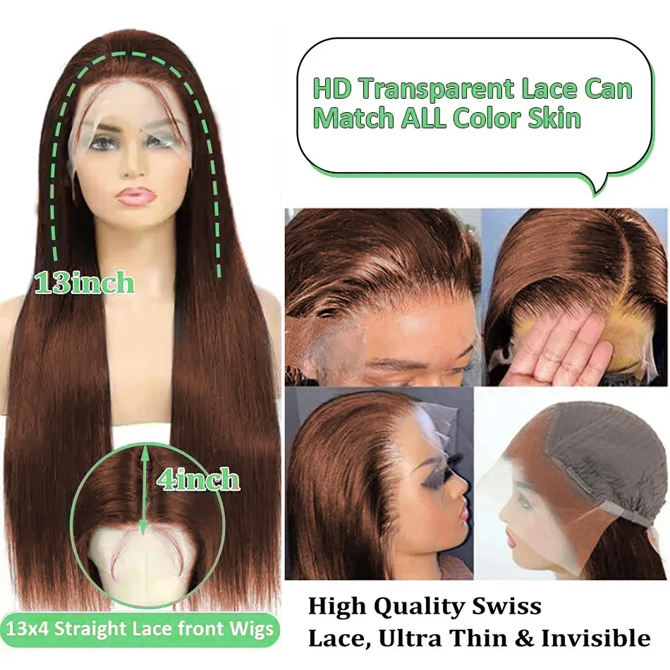 Fotografia 7: Peruca de Cabelo Humano Liso Cor Chocolate HD 30 38 Polegadas com Renda Frontal # Perucas Frontais de Renda HD Lisas 13x4 e 13x6 em 4 Cores