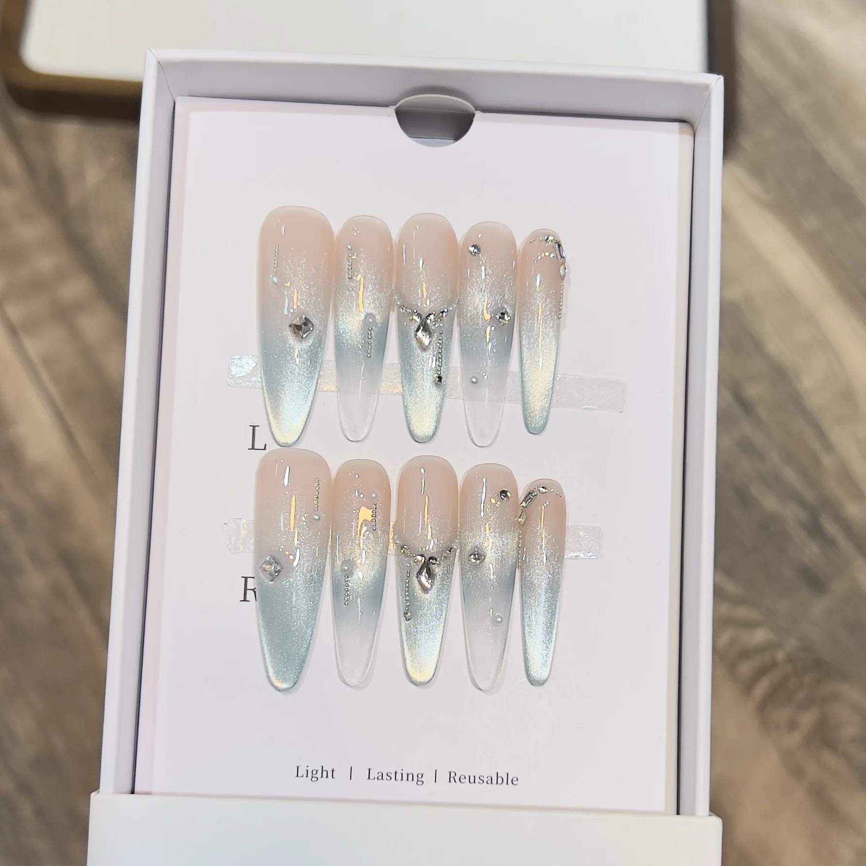 10pcs Long Green French Almond Handmade Press on Nails Cat Eye Fake Nails Summer False Nails Wearable Nail 네일팁 Накладные Ногти