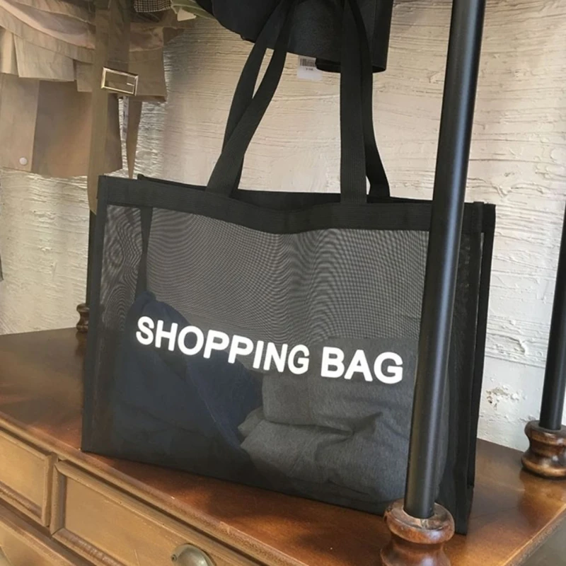 Bolsa de compras de malha transparente preta para mulheres, grande capacidade, nylon, shopping, praia, fitness, ioga, bolsa de ombro, organizador