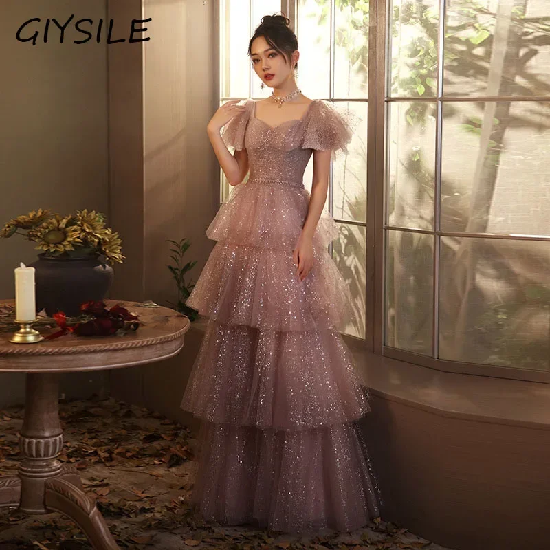 

GIYSILE Pink Evening Dresses Layered Sheer Women's Dress with Elegant V-neck and A-line Floor Length Vestidos De Fiesta Dresses