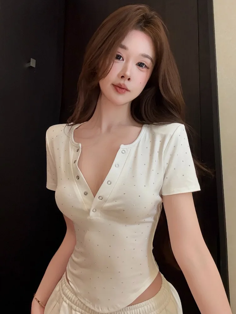 

American Style Hot Girl Short Sleeve T-Shirt Women Summer New Slimming Base Shirt Heavy Embellished Waist Cinched Halp Open C...