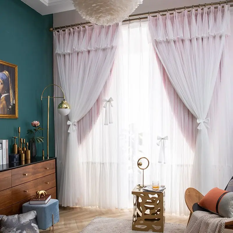 

Pink Princess Style Lace Curtain with Valance Three Layers Blackout Curtain for Girls' Bedrooms and Living Room