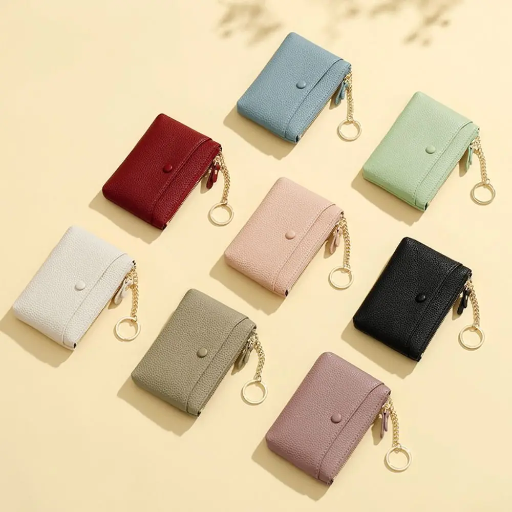 Fashion Zipper Litchi Pattern Wallet Card Holder with Key Ring Mini Coin Purse Pure Color Multifunctional Short Wallet Student