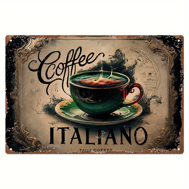 Vintage Italienisches Kaffee-Aluminiumschild - Rustikales Creme- und Grüntee-Tassen-Kunstposter mit vorgebohrten Löchern - für Zuhause, Büro, Bar