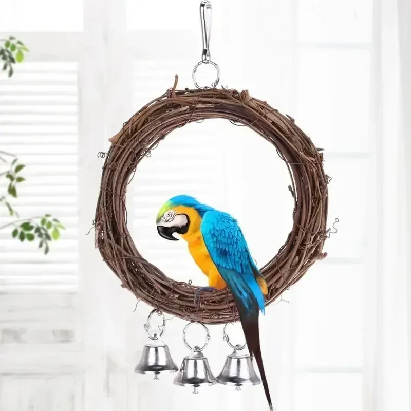 Wooden Parrot Toy Bird Stand Playing Rack Swing Wood Ring for Birds Hanging with Bell Bird Accessories Toys Home Supplies