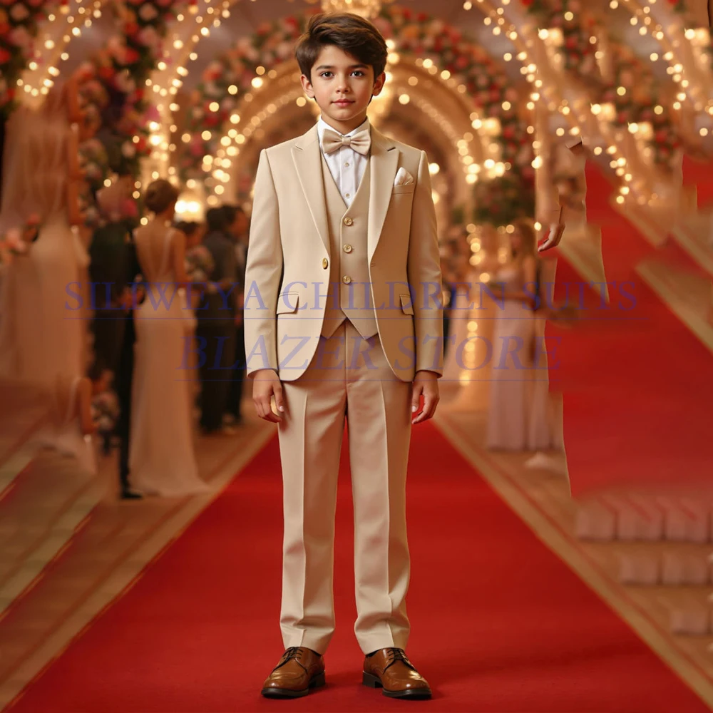 

Elegant Solid Color Boy's Suits Fashion One-Button Peak Lapel Slim Fit 3 Piece Jacket Pants Vest Full Sets Customzied Kids Sets