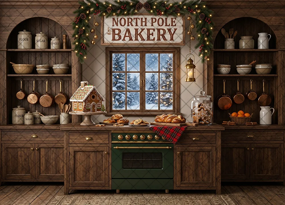 Mocsicka North Pole Bakery Christmas Photography Backdrop Wooden Kitchen Cookies Background Family Xmas Holiday Studio  Prop
