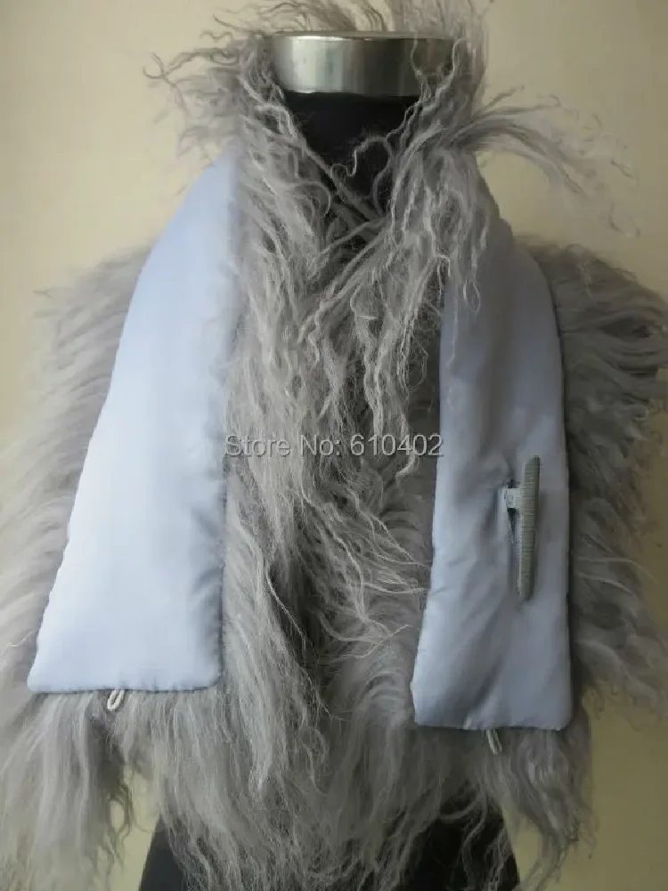 Women\'s 100% Real Mongolia Lamb Fur Cape whole-skin fur Scarf  with clip Gray