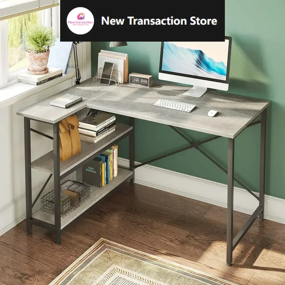 

47 inch Corner L-Shaped Desk with Storage Shelves Writing Desk Wash Grey