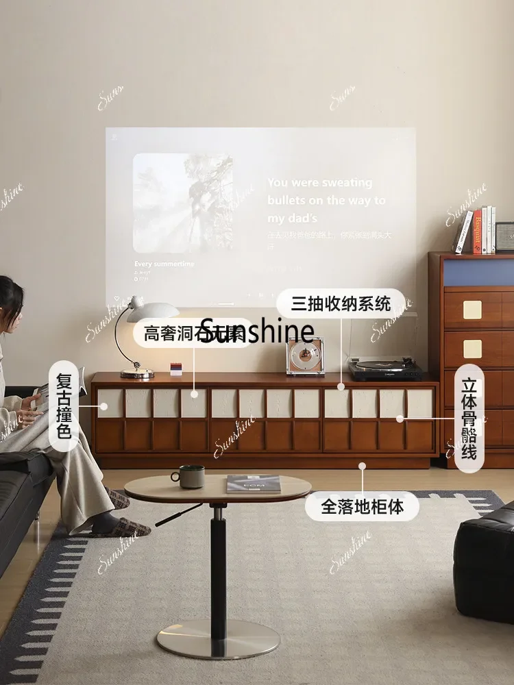 

Medieval solid wood TV cabinet, living room floor storage cabinet contrasting colors, combined cabinetX