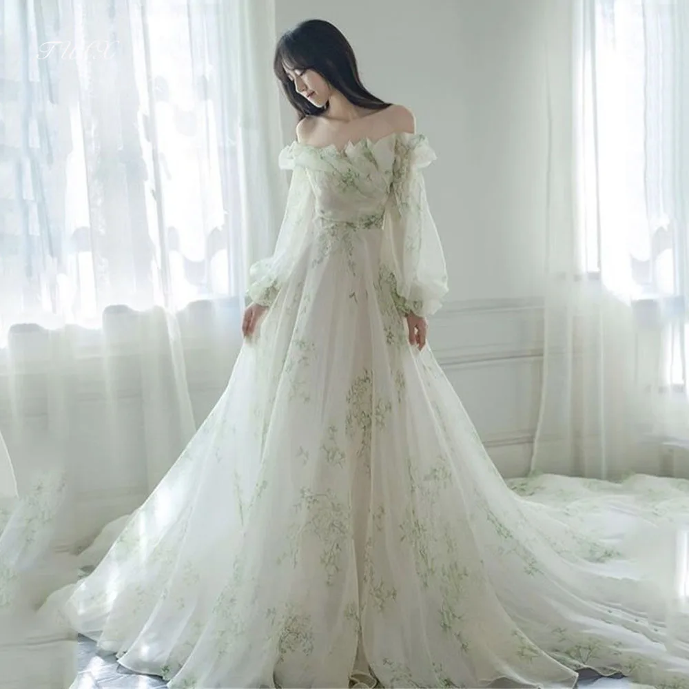 TULX – robe de soirée longue en Organza imprimé Floral, épaules dénudées, manches longues, séance Photo de mariage coréen, robe de soirée de mariée personnalisée