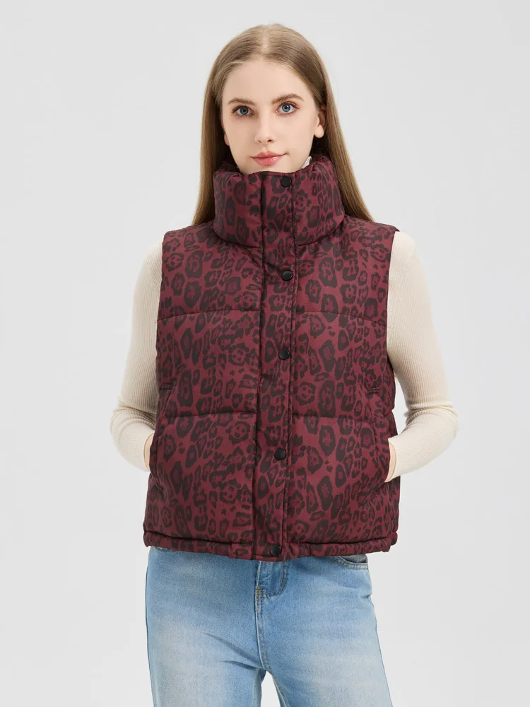 Autumn Winter New Style Women's Short Sleeveless Cotton Jacket Stand Collar down Cotton Vest Leopard Print Zipper Closure Vest