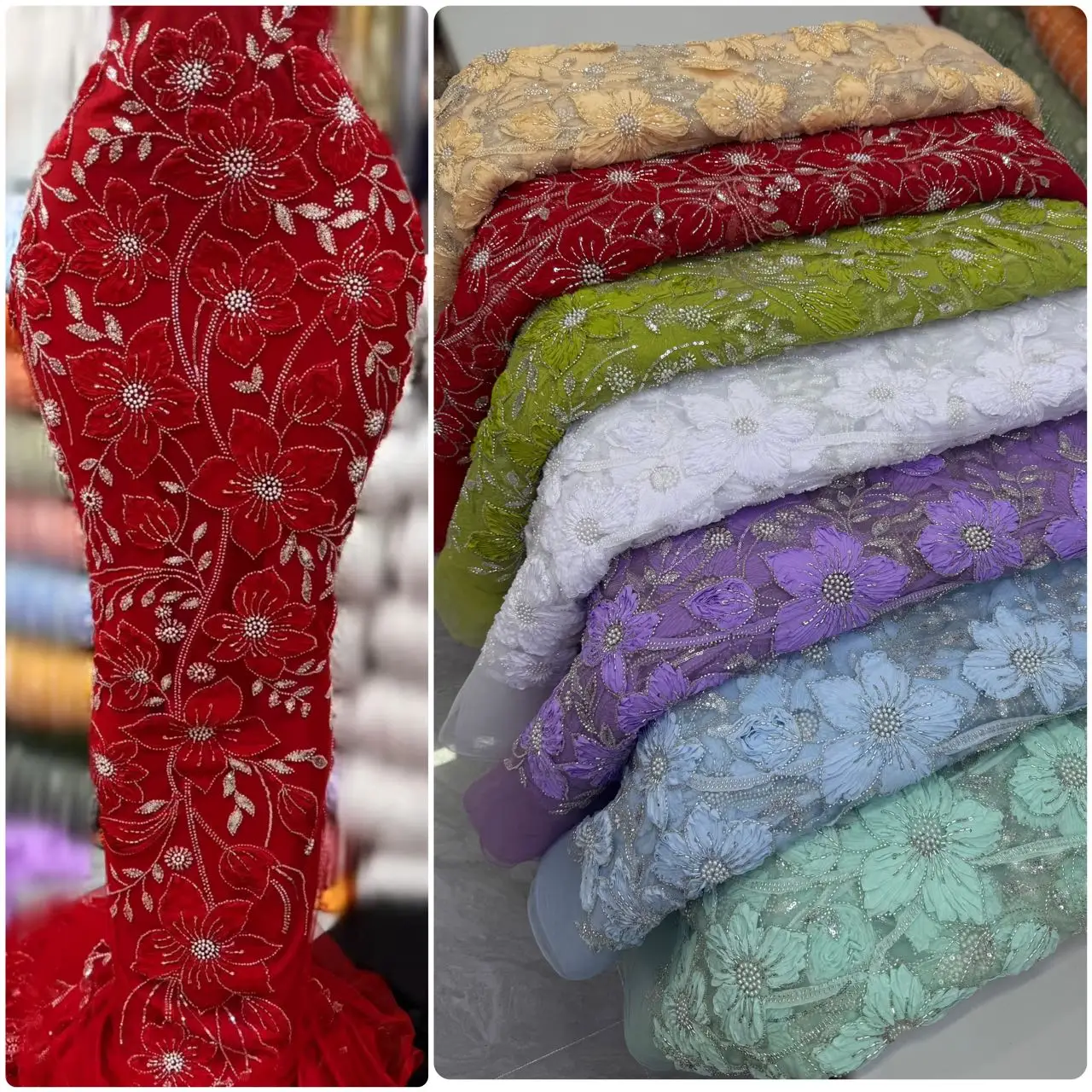 African Beads Lace Fabric 2025 High Quality Lace Nigerian Sequins Beads Lace Fabric French Laces Fabrics For Party Dress Sewing