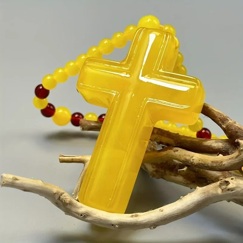 Yellow Amber Cross Pendant Necklace