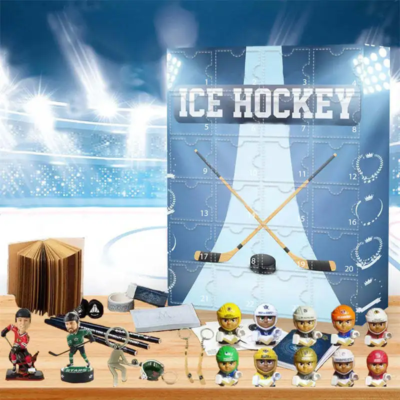 Hockey Advents Calendar 2024 The-One with 24 Little Doors Lovely Cartoon Sportsmans Figure Present Box for Kid Halloween Decor