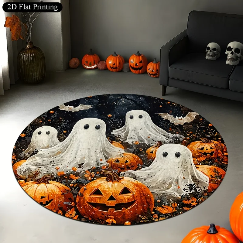 Ghost Pumpkin Bat Halloween Round Rug, Autumn Leaves Spooky Printed Circular Floor Carpet,Indoor Home Decoration