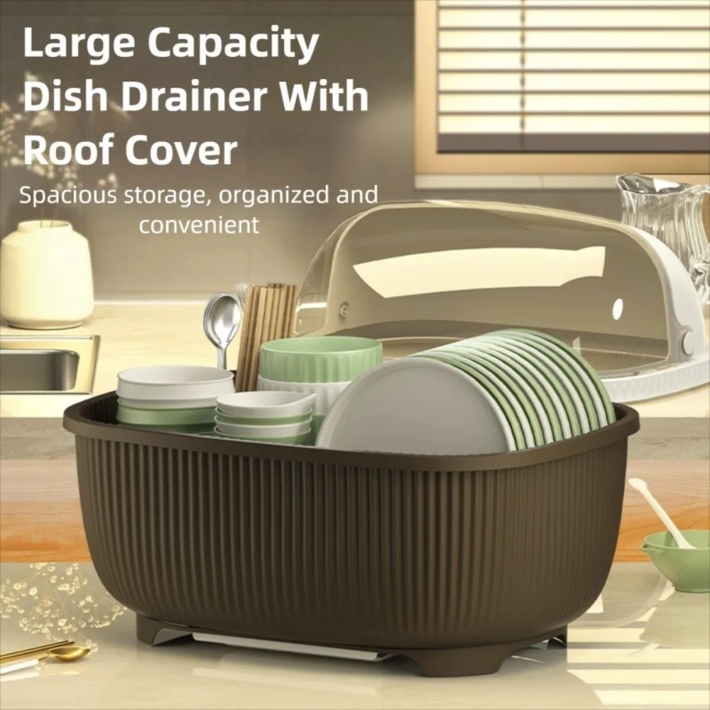 Large Capacity Dish Drainer With Roof Cover Plastic Dustproof Dish Storage Rack Cupboard with Drain Board Chopsticks Organizer
