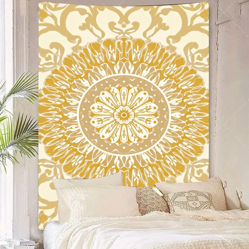 قطعة واحدة من نسيج الحائط بوهو شيك ماندالا - معلق على الحائط باللون الذهبي والكريمي لديكور المنزل #5